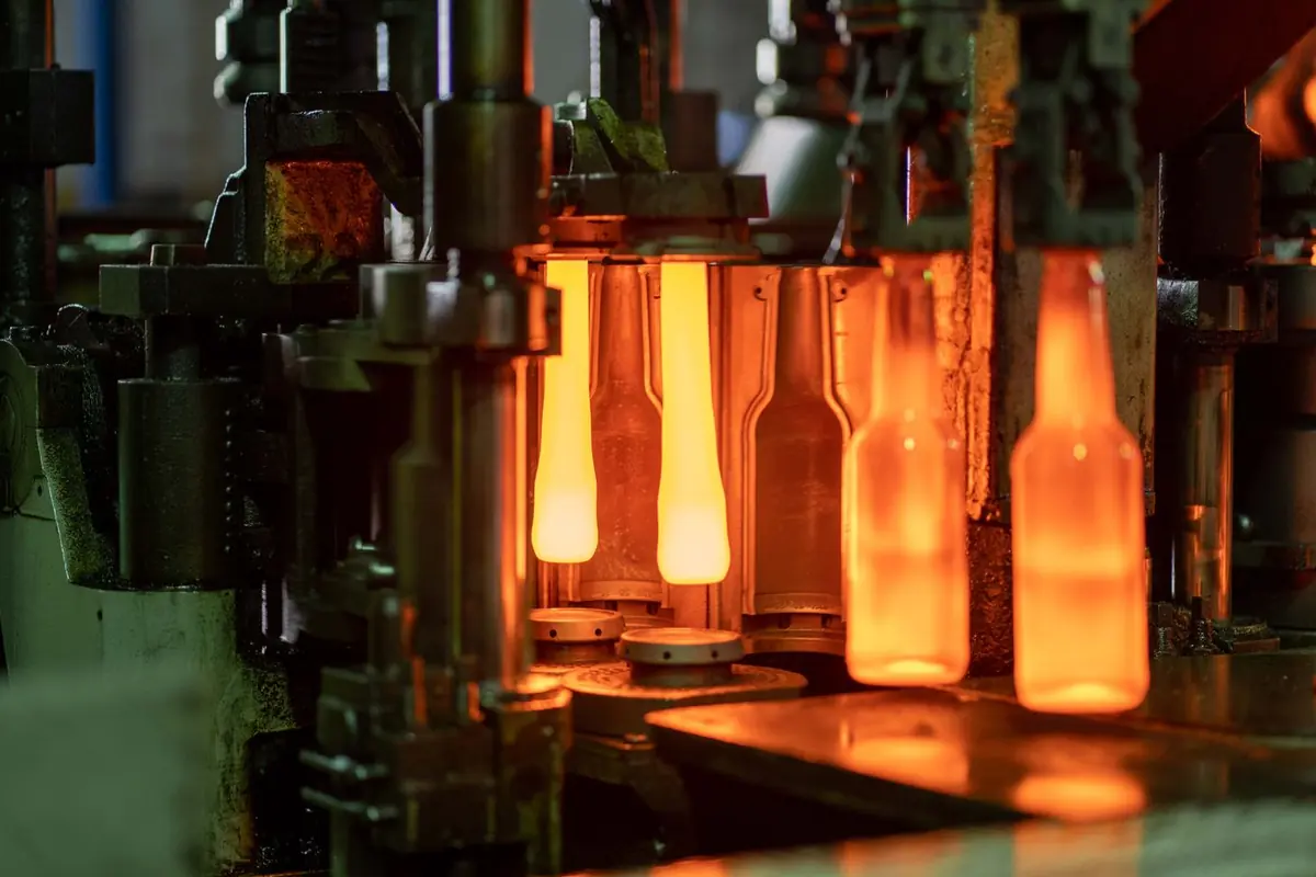 Glowing glass bottles on a production line